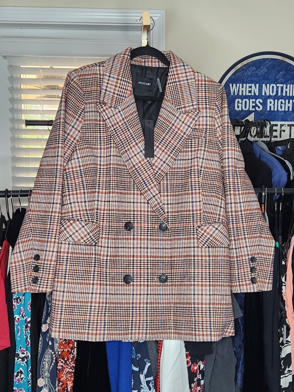 Double-Breasted Plaid Blazer Jacket - Beige/Tan